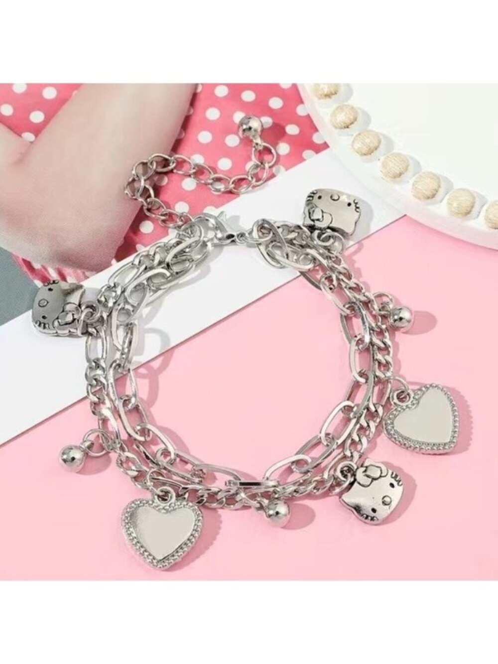 Hello Kitty Silver Layered Hearts Charm Bracelet – Elegant & Adjustable